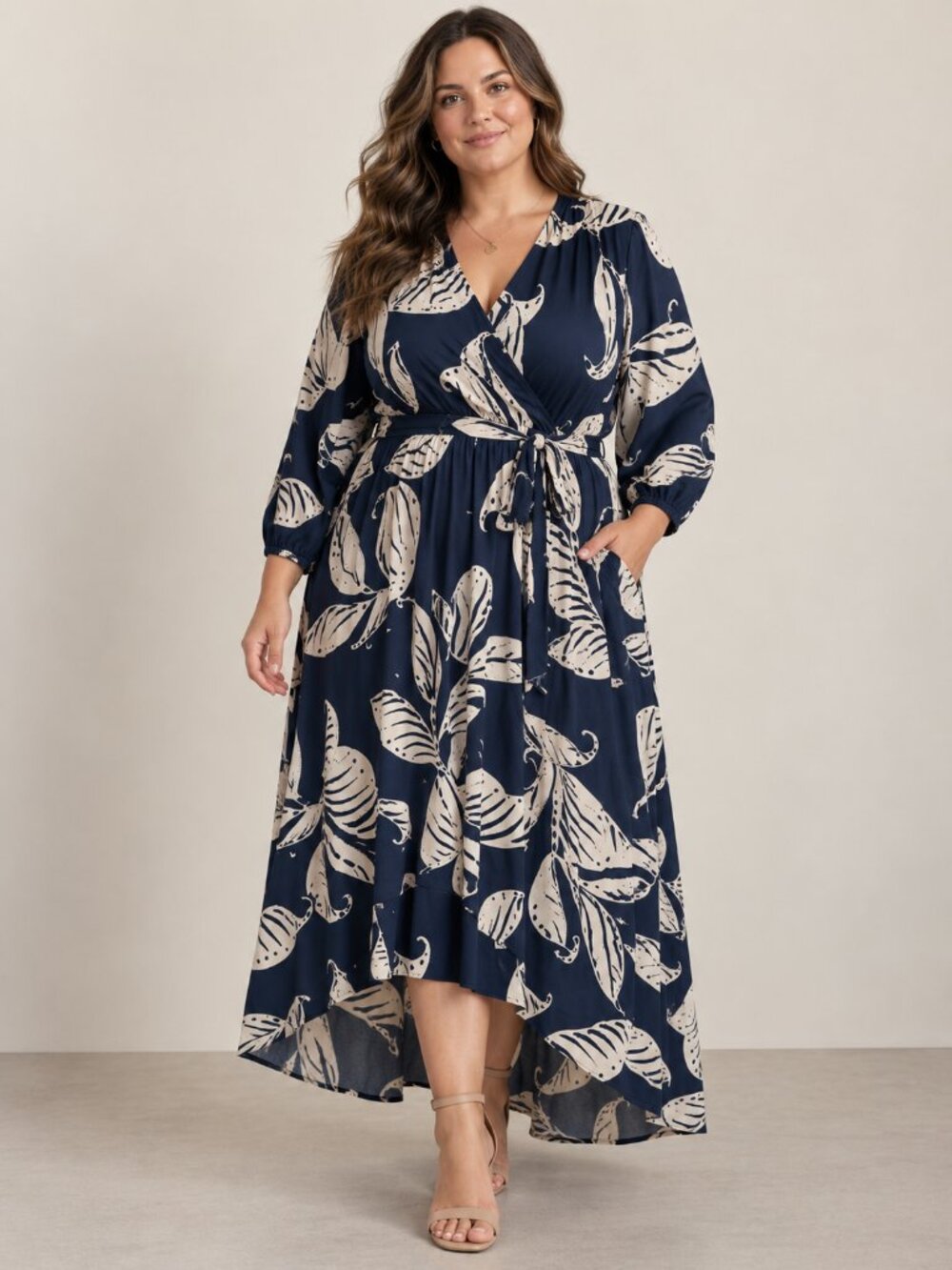 Lane Bryant Navy Floral High Low Maxi Dress 18/20 Long Sleeve Belted